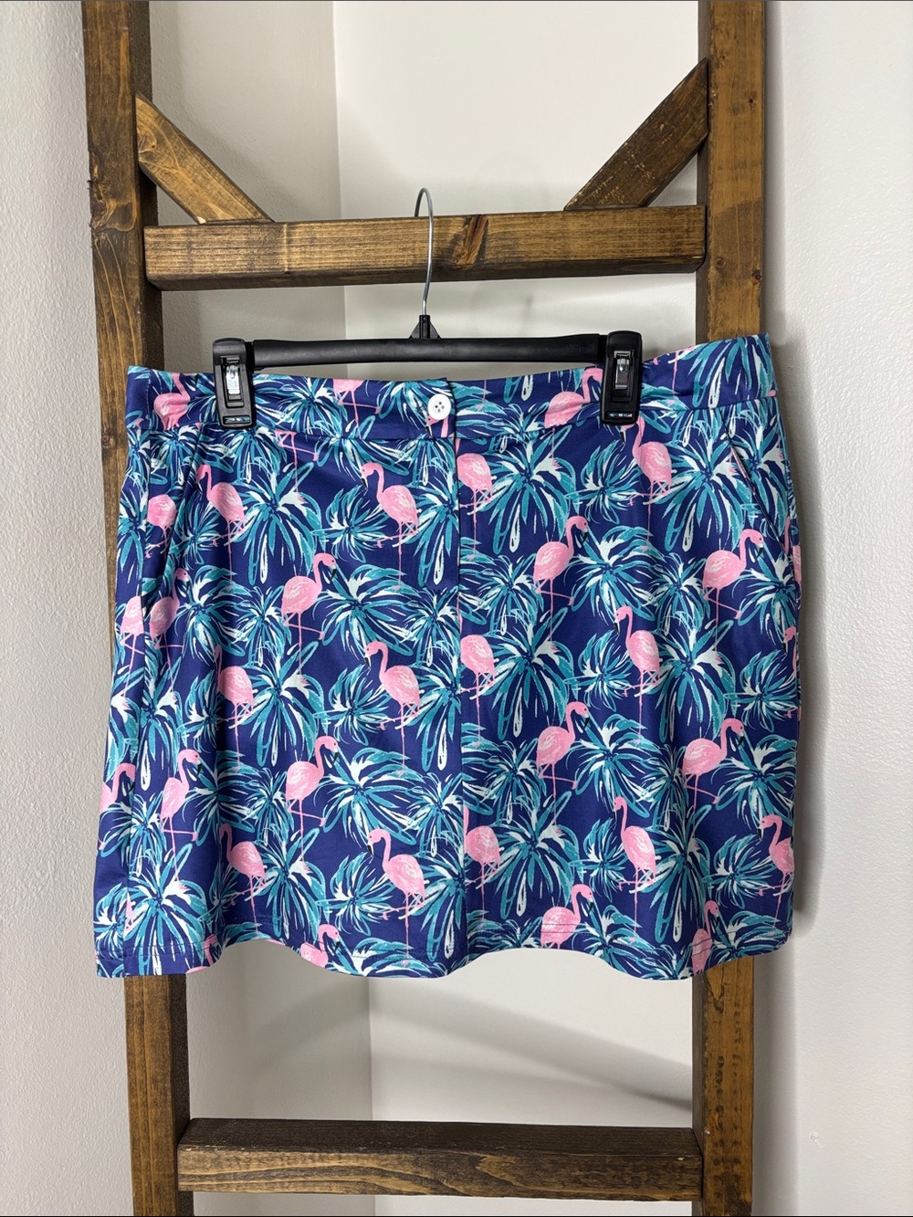 Top It Off Women’s Blue Tropical Flamingo Print Skort Size L